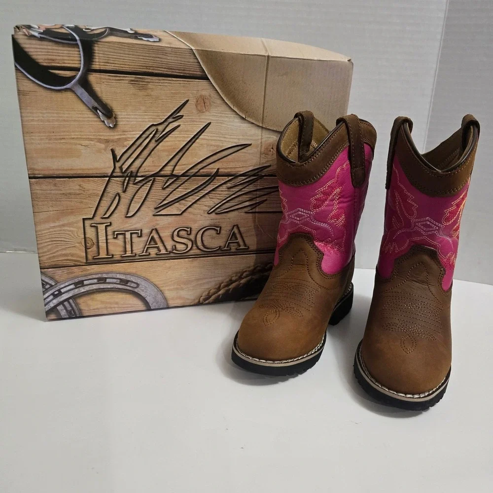 NIB Itasca Buckaroo Girls Brown Pink Embroidered Western‎ Cowboy Boots Sz 12